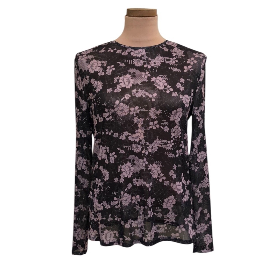 Rebecca Minkoff Cyder Top Size Large Black Mauve Pink Floral Print Mesh